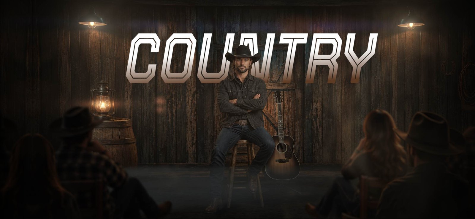 A country singer on a wooden stage