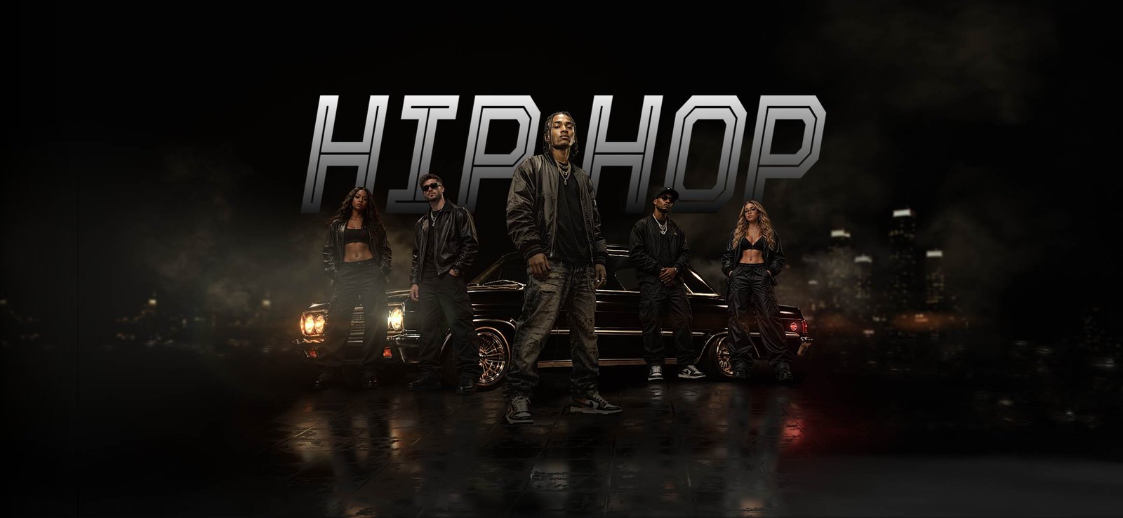 Hip-hop artists in front of a car at night